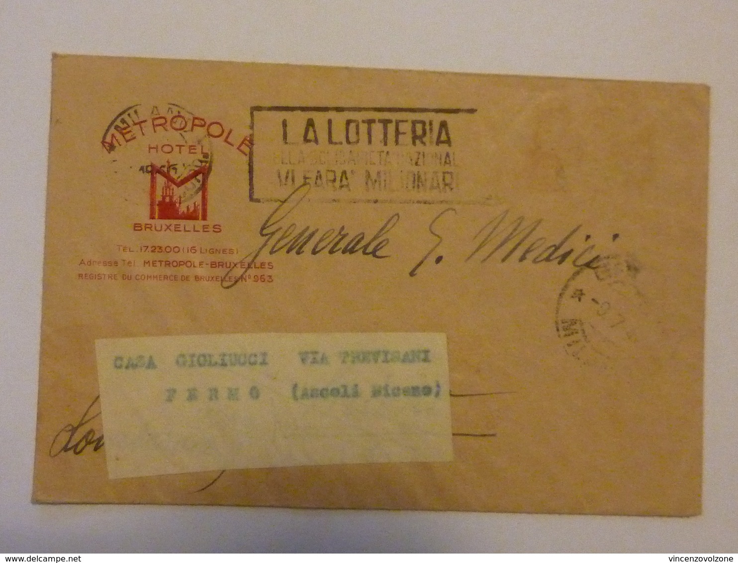 Busta Viaggiata Con Lettera Manoscritta "HOTEL METROPOLE BRUXELLES - GEN. G. MEDICI" - Marcophilie