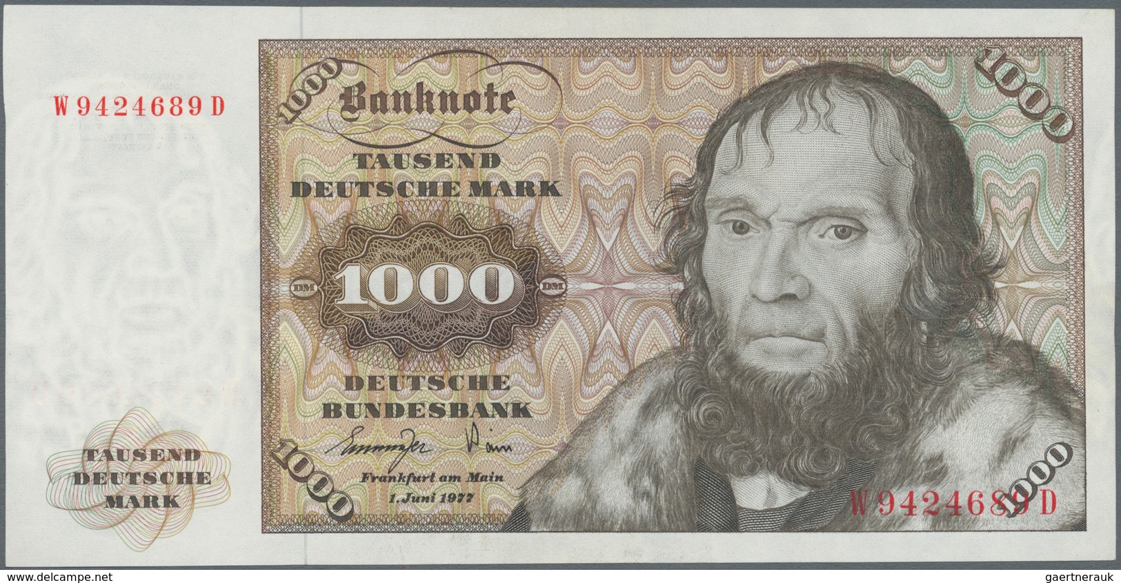 Deutschland - Bank Deutscher Länder + Bundesrepublik Deutschland: 1000 DM 1977, Serie "W/D", Ro.280a - Sonstige & Ohne Zuordnung