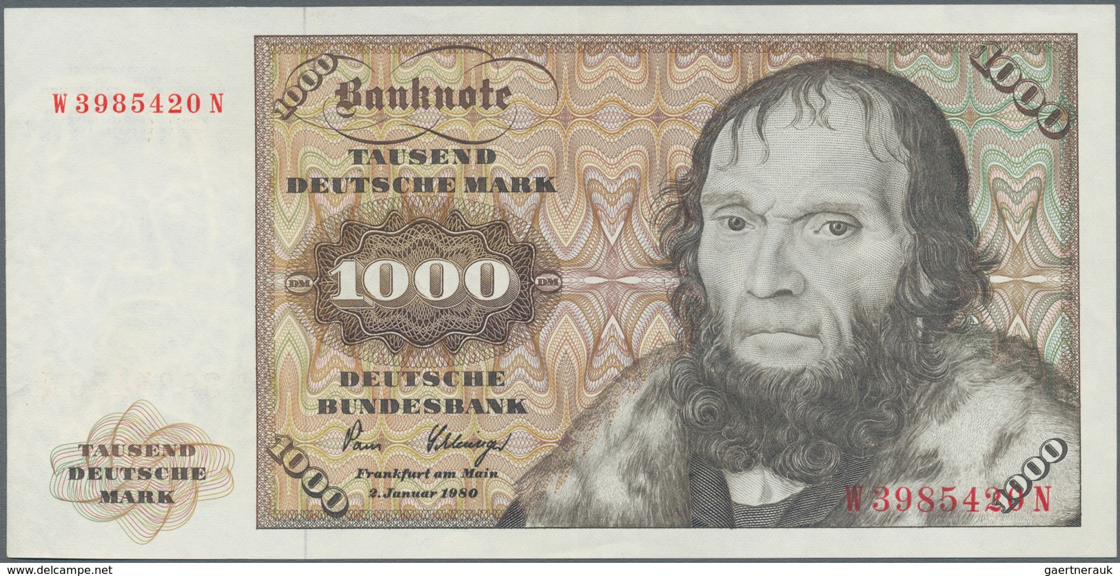 Deutschland - Bank Deutscher Länder + Bundesrepublik Deutschland: 1000 DM 1980 Serie "W/N", Ro.291a, - Sonstige & Ohne Zuordnung