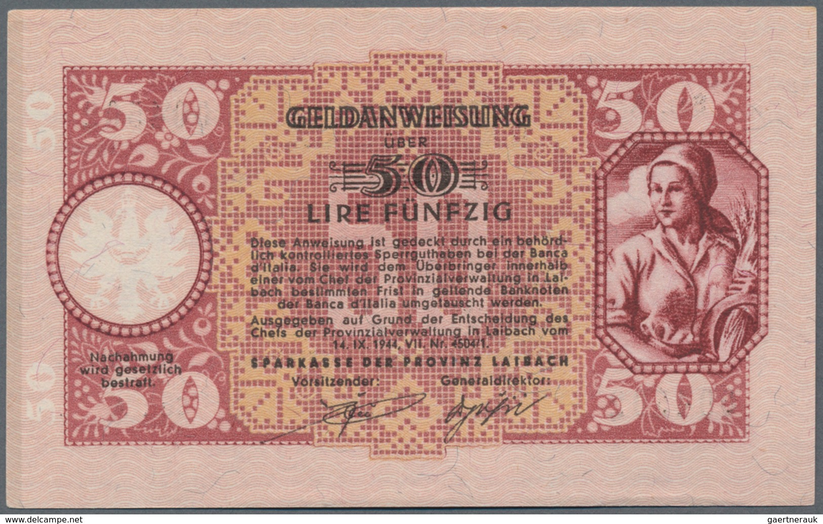 Deutschland - Nebengebiete Deutsches Reich: Laibach 50 Lire 1944 Ro. 612 In Erhaltung AUNC/UNC. - Otros & Sin Clasificación