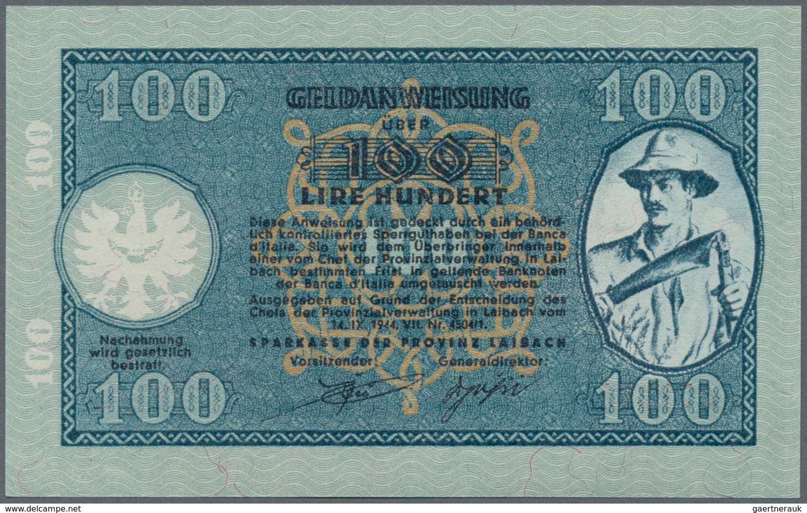 Deutschland - Nebengebiete Deutsches Reich: Laibach 100 Lire 1944 Ro. 613 In Erhaltung: UNC. - Otros & Sin Clasificación