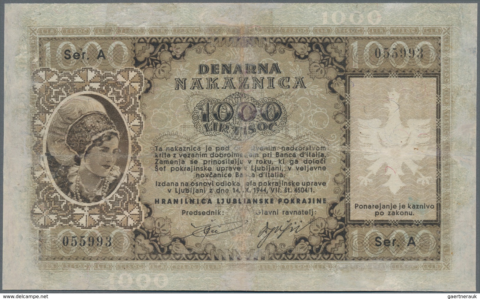 Deutschland - Nebengebiete Deutsches Reich: Deutsche Besetzung Laibach 1000 Lire 1944, Ro. 615, Star - Sonstige & Ohne Zuordnung