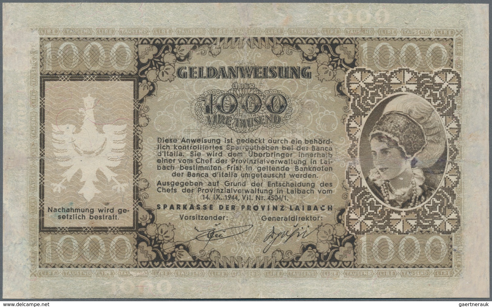 Deutschland - Nebengebiete Deutsches Reich: Deutsche Besetzung Laibach 1000 Lire 1944, Ro. 615, Star - Sonstige & Ohne Zuordnung