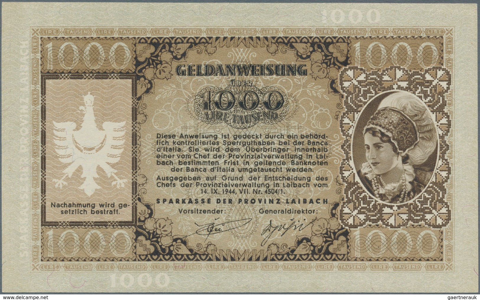 Deutschland - Nebengebiete Deutsches Reich: Deutsche Besetzung Laibach, 1000 Lire Geldanweisung 1944 - Autres & Non Classés