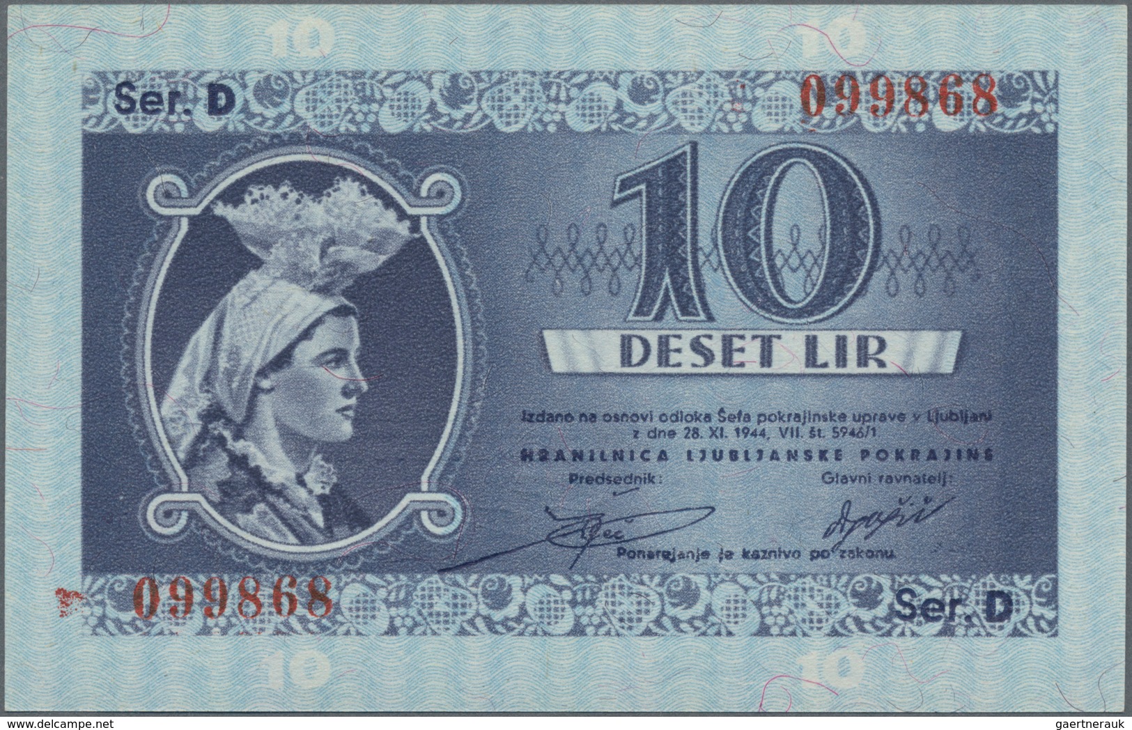 Deutschland - Nebengebiete Deutsches Reich: Laibach 10 Lire 1944 Ro. 621 In Erhaltung: UNC. - Sonstige & Ohne Zuordnung