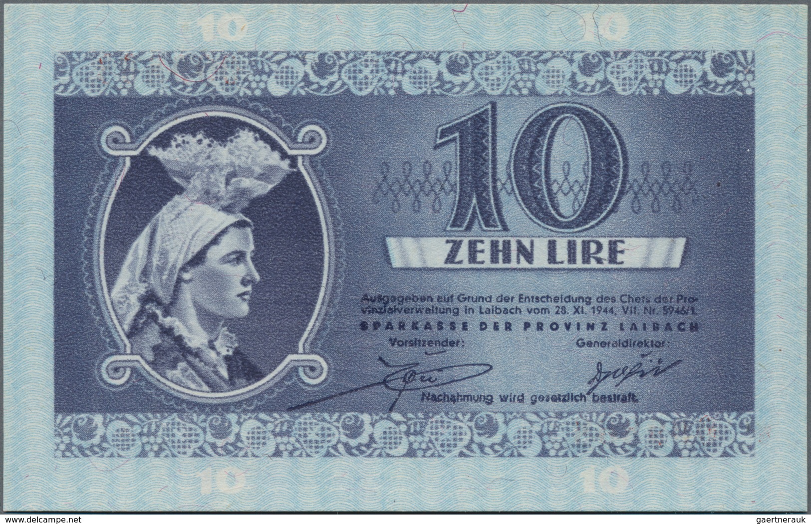 Deutschland - Nebengebiete Deutsches Reich: Laibach 10 Lire 1944 Ro. 621 In Erhaltung: UNC. - Sonstige & Ohne Zuordnung