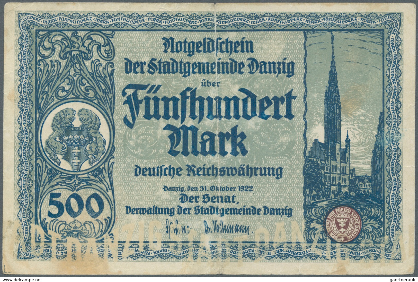 Deutschland - Nebengebiete Deutsches Reich: Danzig, 500 Mark, 31.10.1922, Ro. 793, Stärker Gebraucht - Sonstige & Ohne Zuordnung