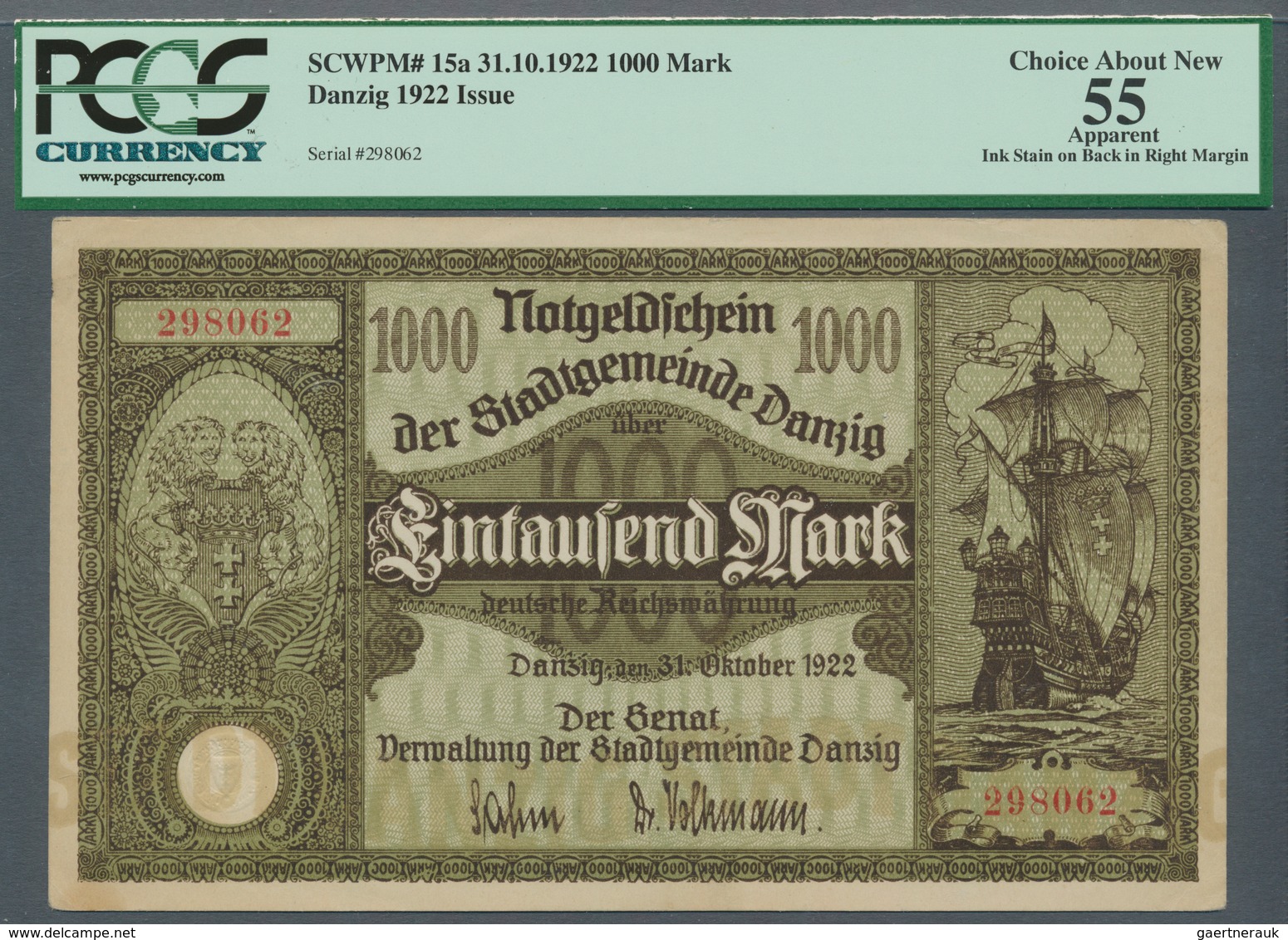 Deutschland - Nebengebiete Deutsches Reich: Danzig, 1000 Mark, 31.10.1922, Pick 15a, PCGS Graded 55 - Otros & Sin Clasificación