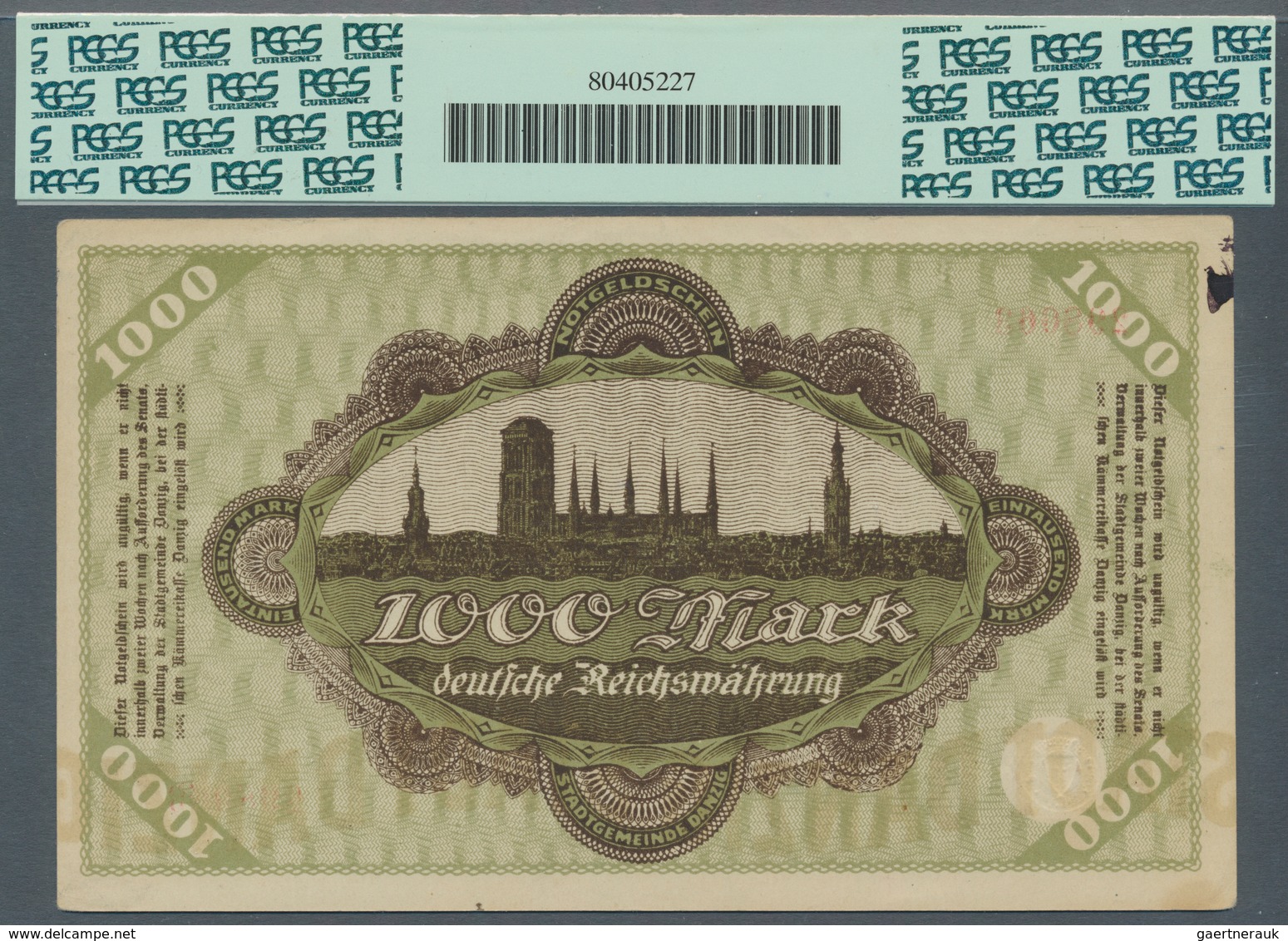 Deutschland - Nebengebiete Deutsches Reich: Danzig, 1000 Mark, 31.10.1922, Pick 15a, PCGS Graded 55 - Andere & Zonder Classificatie