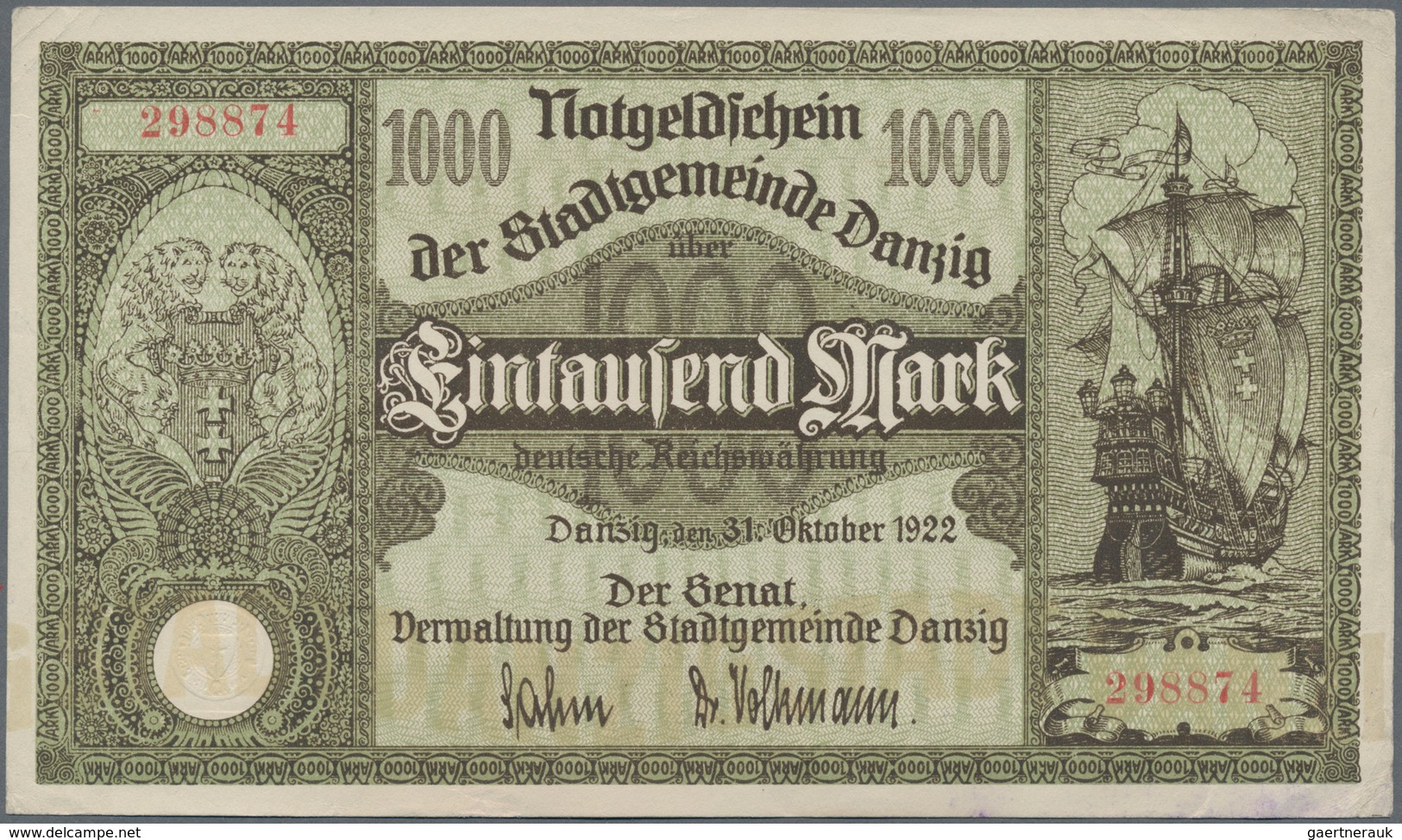 Deutschland - Nebengebiete Deutsches Reich: Danzig, 1000 Mark, 15.3.1923, Ro. 795b, Ohne Falten, Abe - Sonstige & Ohne Zuordnung