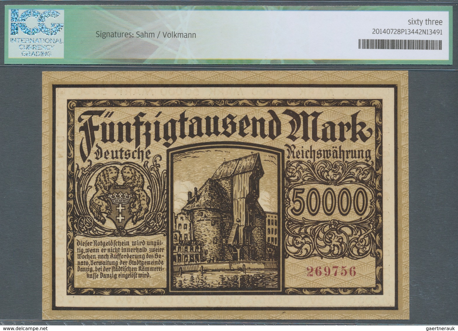 Deutschland - Nebengebiete Deutsches Reich: Danzig, 50.000 Mark, 20.3.1923, Pick 20, ICG Graded 63 U - Sonstige & Ohne Zuordnung