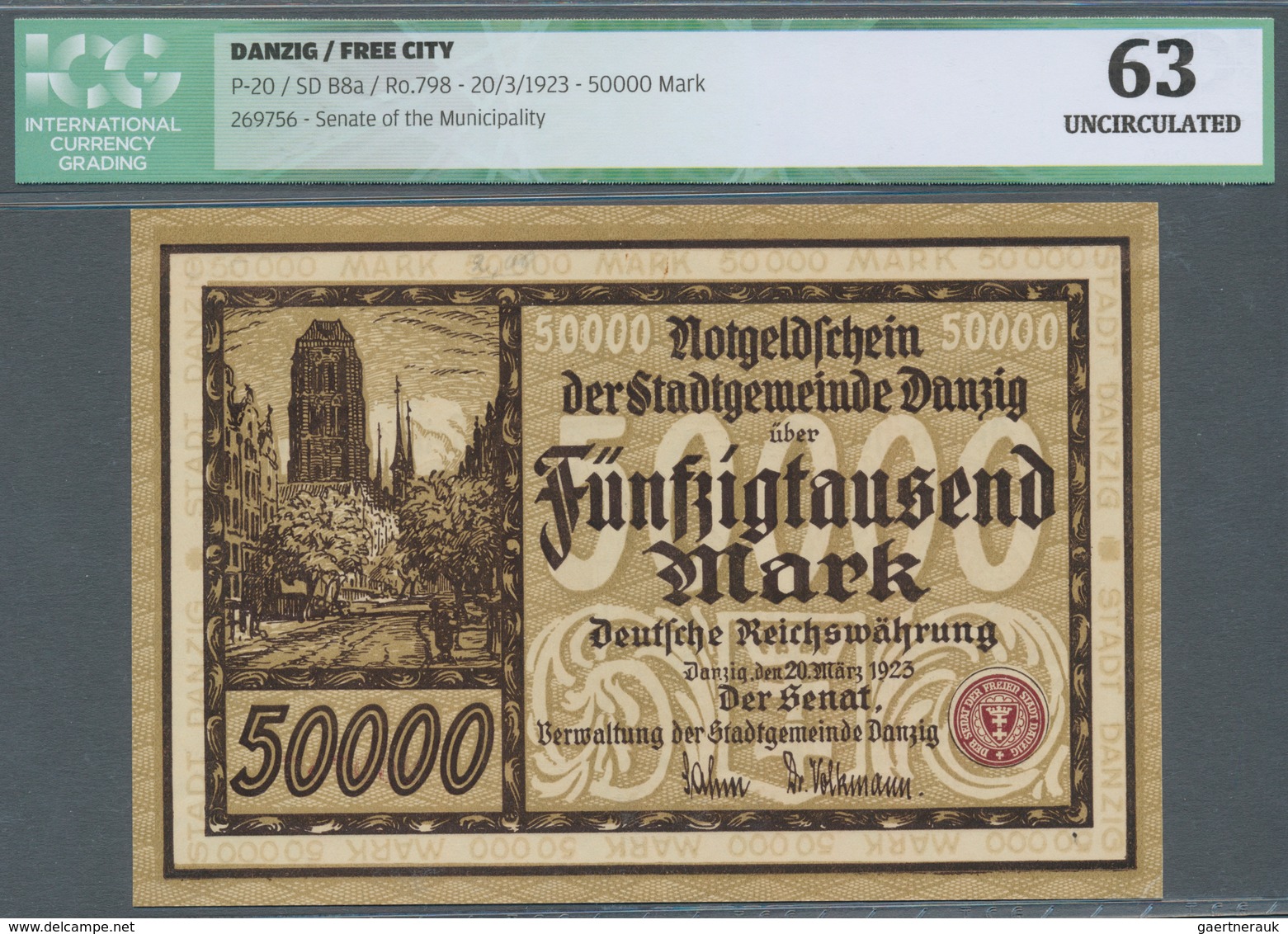 Deutschland - Nebengebiete Deutsches Reich: Danzig, 50.000 Mark, 20.3.1923, Pick 20, ICG Graded 63 U - Andere & Zonder Classificatie