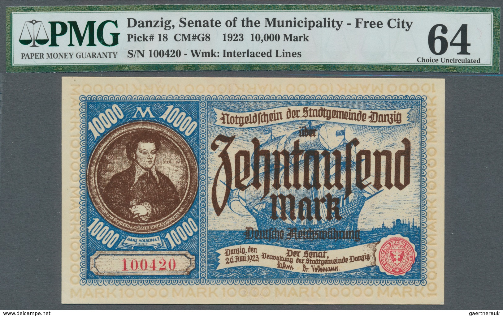 Deutschland - Nebengebiete Deutsches Reich: Danzig, 10.000 Mark, 26.6.1923, Pick 18, PMG Graded 64 C - Sonstige & Ohne Zuordnung