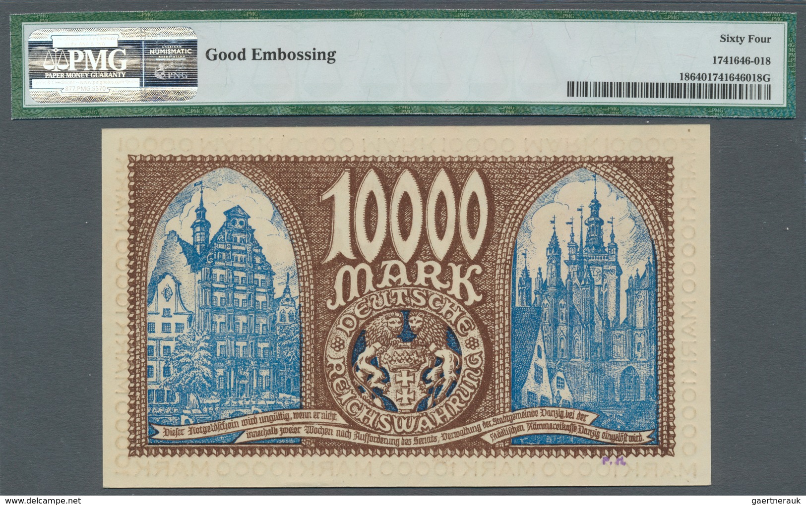 Deutschland - Nebengebiete Deutsches Reich: Danzig, 10.000 Mark, 26.6.1923, Pick 18, PMG Graded 64 C - Sonstige & Ohne Zuordnung