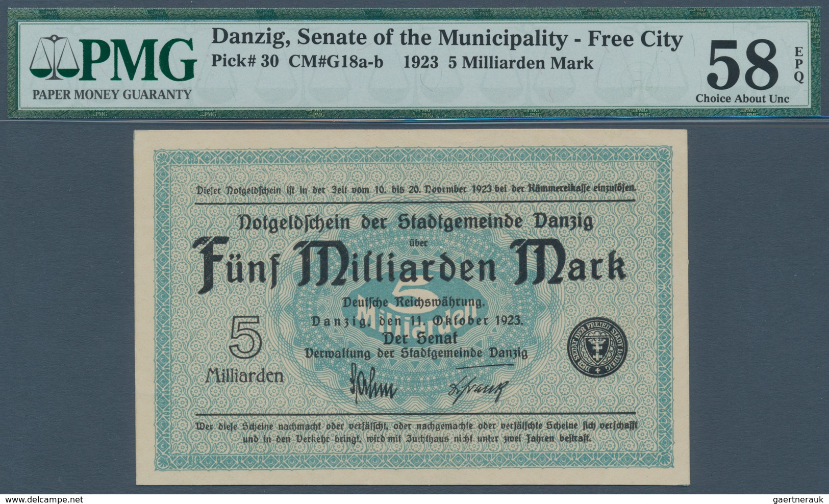 Deutschland - Nebengebiete Deutsches Reich: Danzig, 5 Milliarden Mark, 11.10.1923, Pick 30, PMG Grad - Andere & Zonder Classificatie