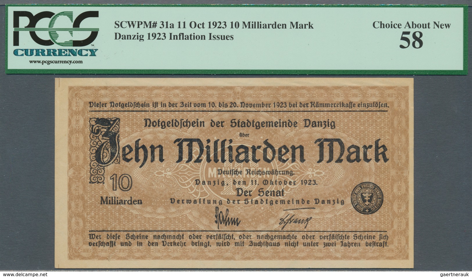 Deutschland - Nebengebiete Deutsches Reich: Danzig, 10 Milliarden Mark, 11.10.1923, Pick 31a, Wz. Qu - Otros & Sin Clasificación
