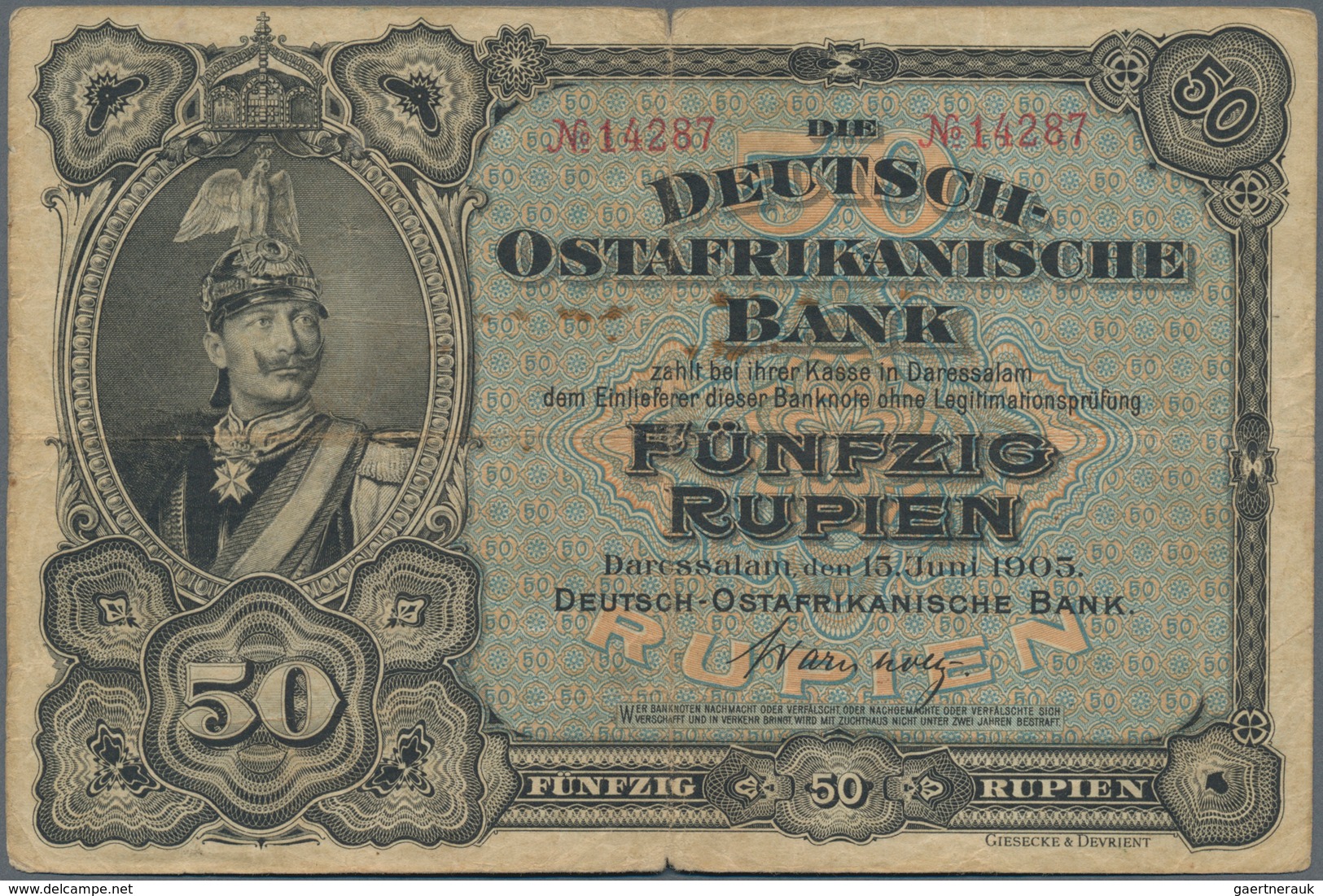 Deutschland - Kolonien: Deutsch Ostafrika 50 Rupien 1905 Ro. 902d, Gebraucht Mit Mehreren Falten, Mi - Sonstige & Ohne Zuordnung