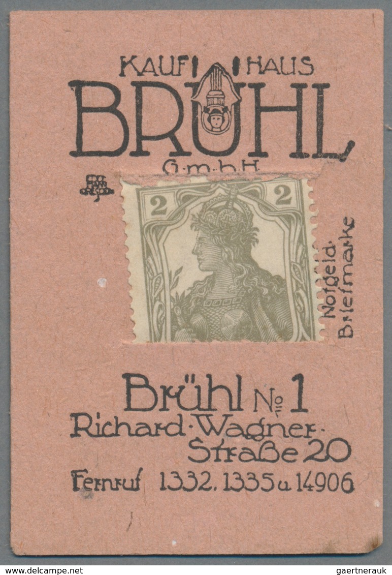 Deutschland - Briefmarkennotgeld: LEIPZIG, Kaufhaus Brühl, 2 Pf. Germania Grau, In Rosa Werbekarton - Andere & Zonder Classificatie