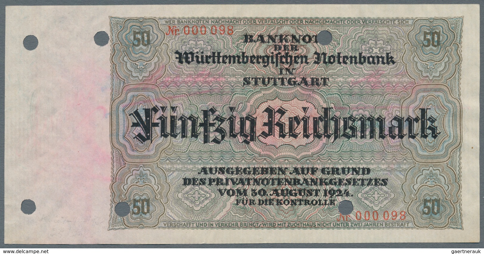Deutschland - Länderscheine: Württembergische Notenbank 50 Reichsmark 1925 WRB-29a, Mit Sehr Niedrig - Sonstige & Ohne Zuordnung