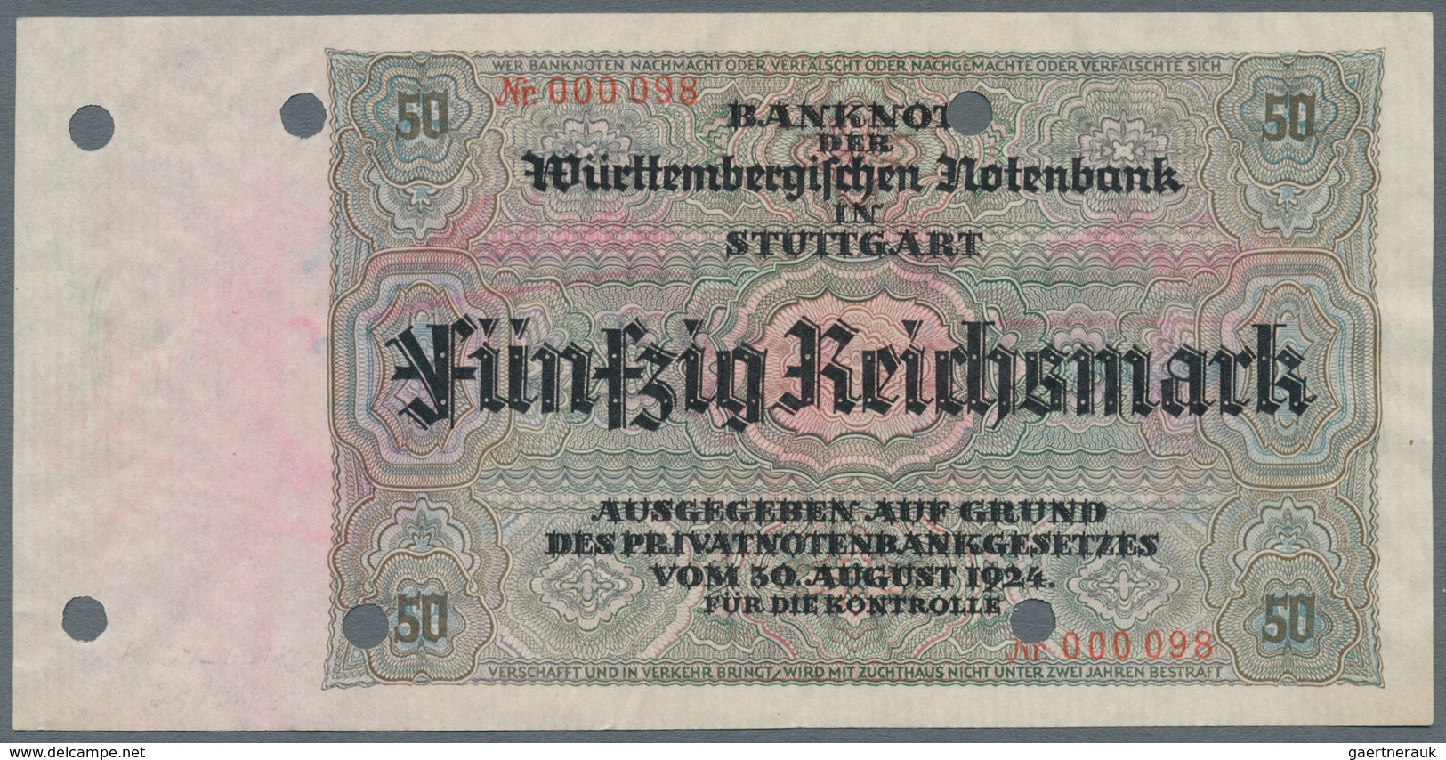 Deutschland - Länderscheine: Württembergische Notenbank 50 Reichsmark 1925 WRB-29a, Mit Sehr Niedrig - Otros & Sin Clasificación