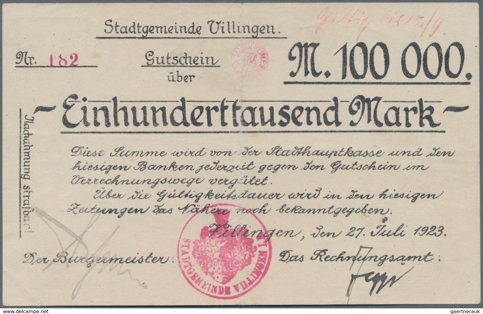 Deutschland - Notgeld - Baden: Villingen, Stadtgemeinde, 100 Tsd. Mark, 27.7.1923 - 15.9.1923, Erh. - Lokale Ausgaben