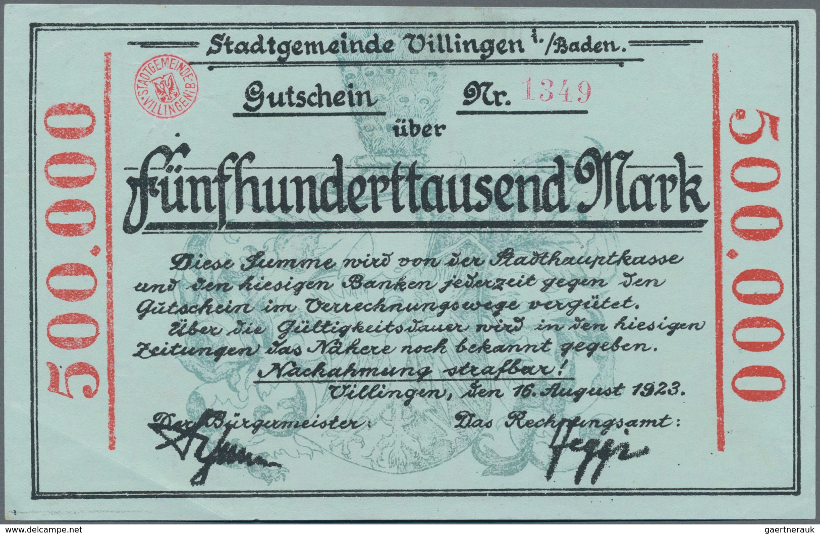 Deutschland - Notgeld - Baden: Villingen, Stadtgemeinde, 100 Tsd. Mark, 27.7.1923 - 15.9.1923, Erh. - Lokale Ausgaben