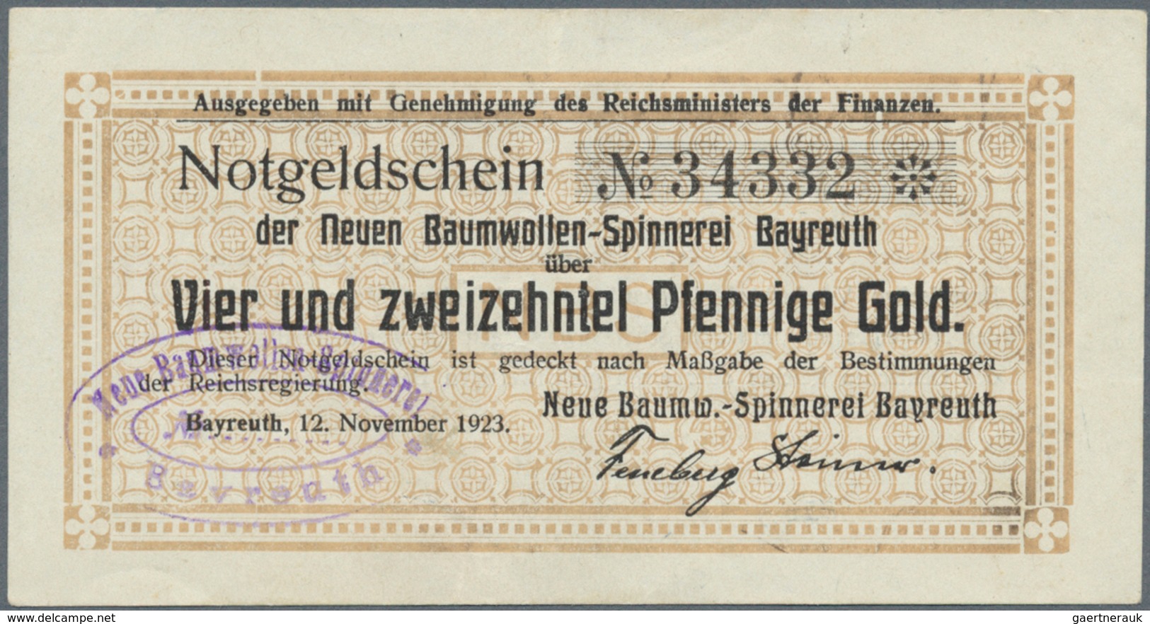 Deutschland - Notgeld - Bayern: Bayreuth, Neue Baumw.-Spinnerei Bayreuth, 4,2 GPf., 12.11.1923, Erh. - [11] Local Banknote Issues