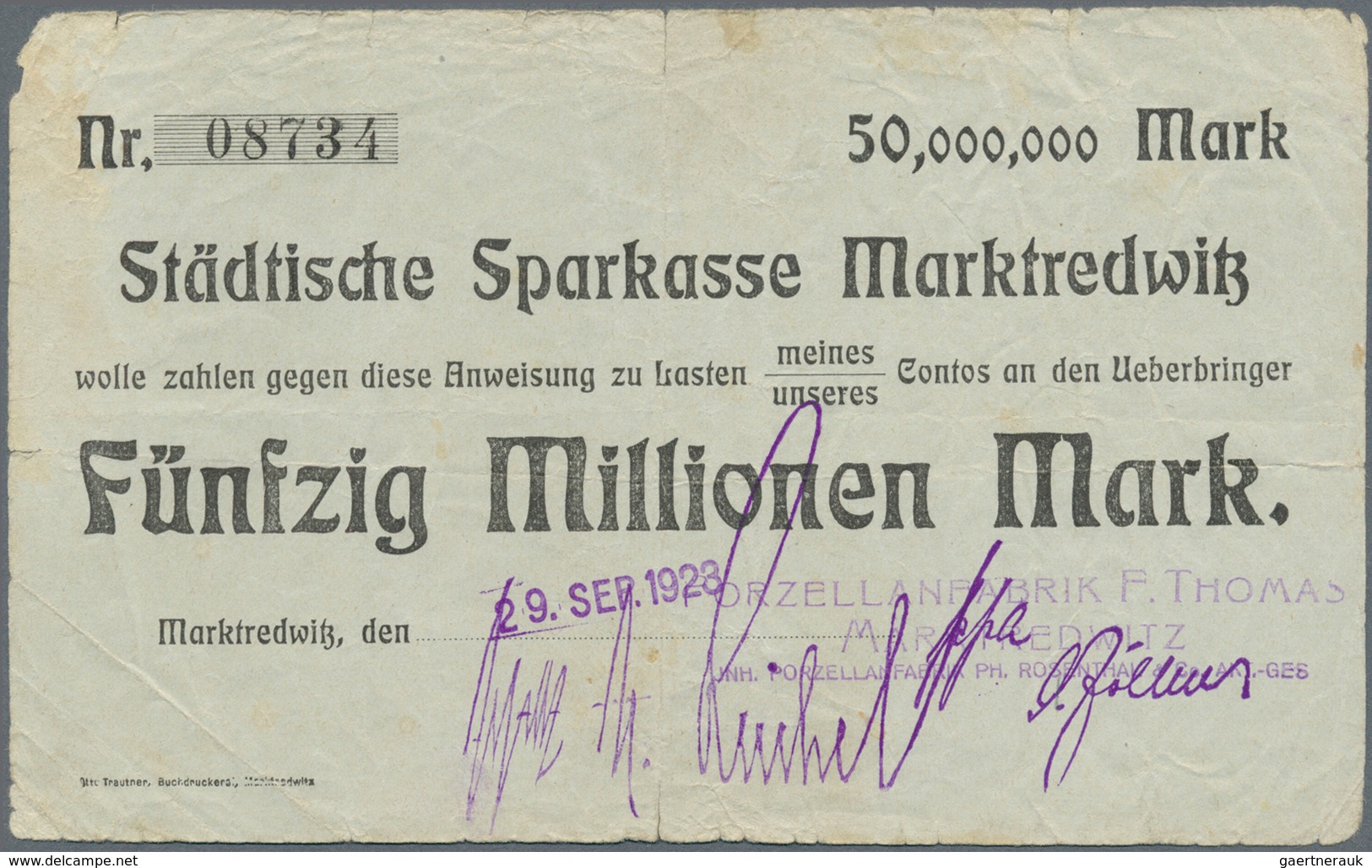 Deutschland - Notgeld - Bayern: Marktredwitz, Porzellanfabrik F. Thomas, 50 Mio. Mark, 29.9.1923, An - [11] Lokale Uitgaven