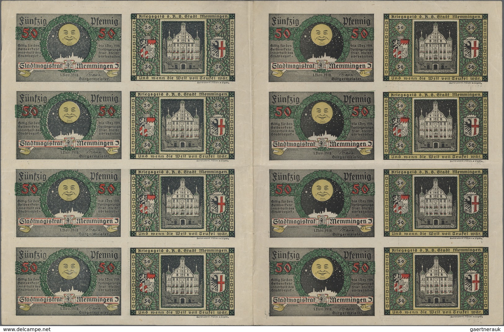 Deutschland - Notgeld - Bayern: Memmingen, Stadt, 50 Pf., 1.11.1918, Druckbogen Von 16 Scheinen (4 X - [11] Lokale Uitgaven