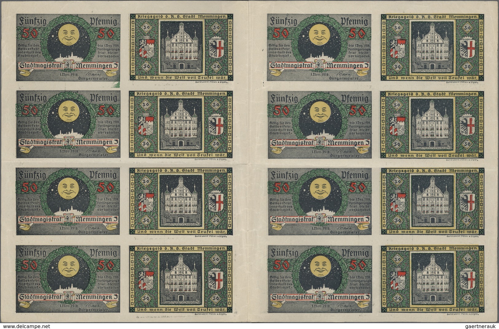 Deutschland - Notgeld - Bayern: Memmingen, Stadt, 50 Pf., 1.11.1918, Druckbogen Von 16 Scheinen (4 X - Lokale Ausgaben