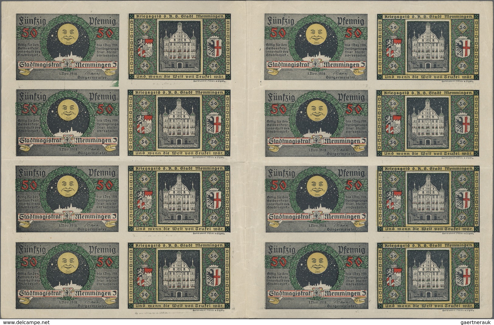 Deutschland - Notgeld - Bayern: Memmingen, Stadt, 50 Pf., 1.11.1918, Druckbogen Von 16 Scheinen (4 X - [11] Emisiones Locales