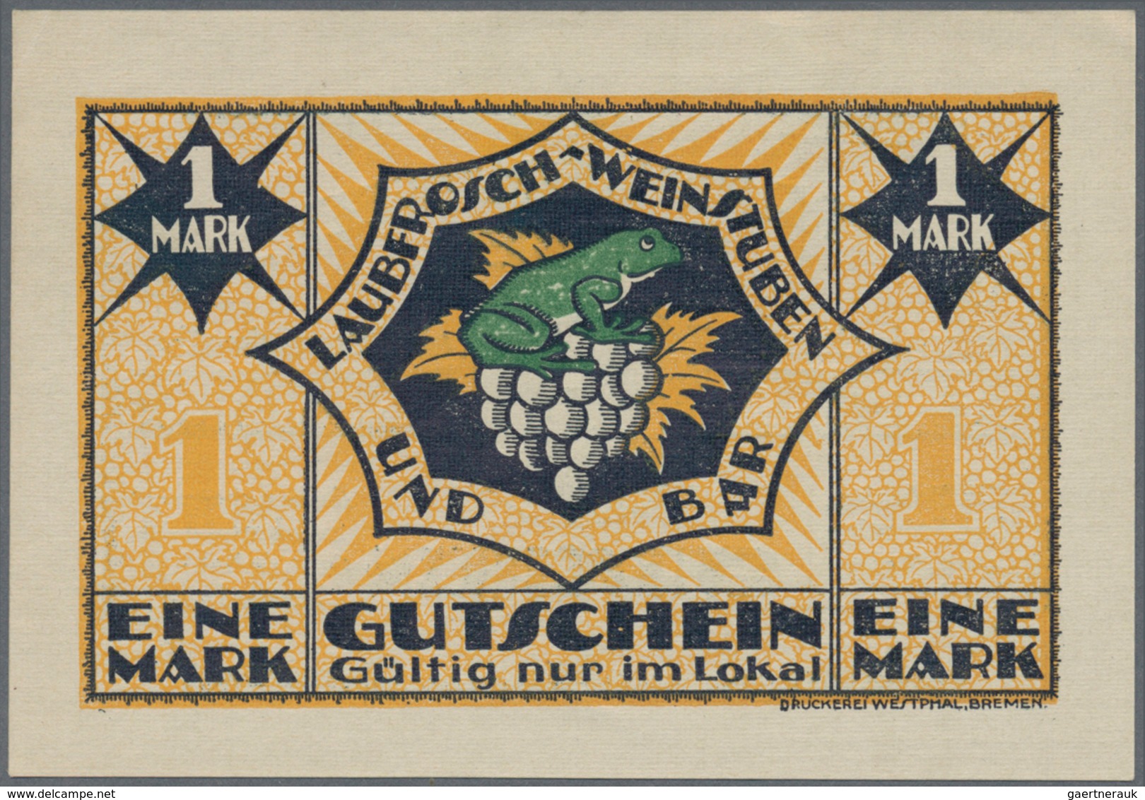 Deutschland - Notgeld - Bremen: Bremen, Laubfrosch-Weinstuben, 1 Mark, O. D., Erh. I- - Lokale Ausgaben