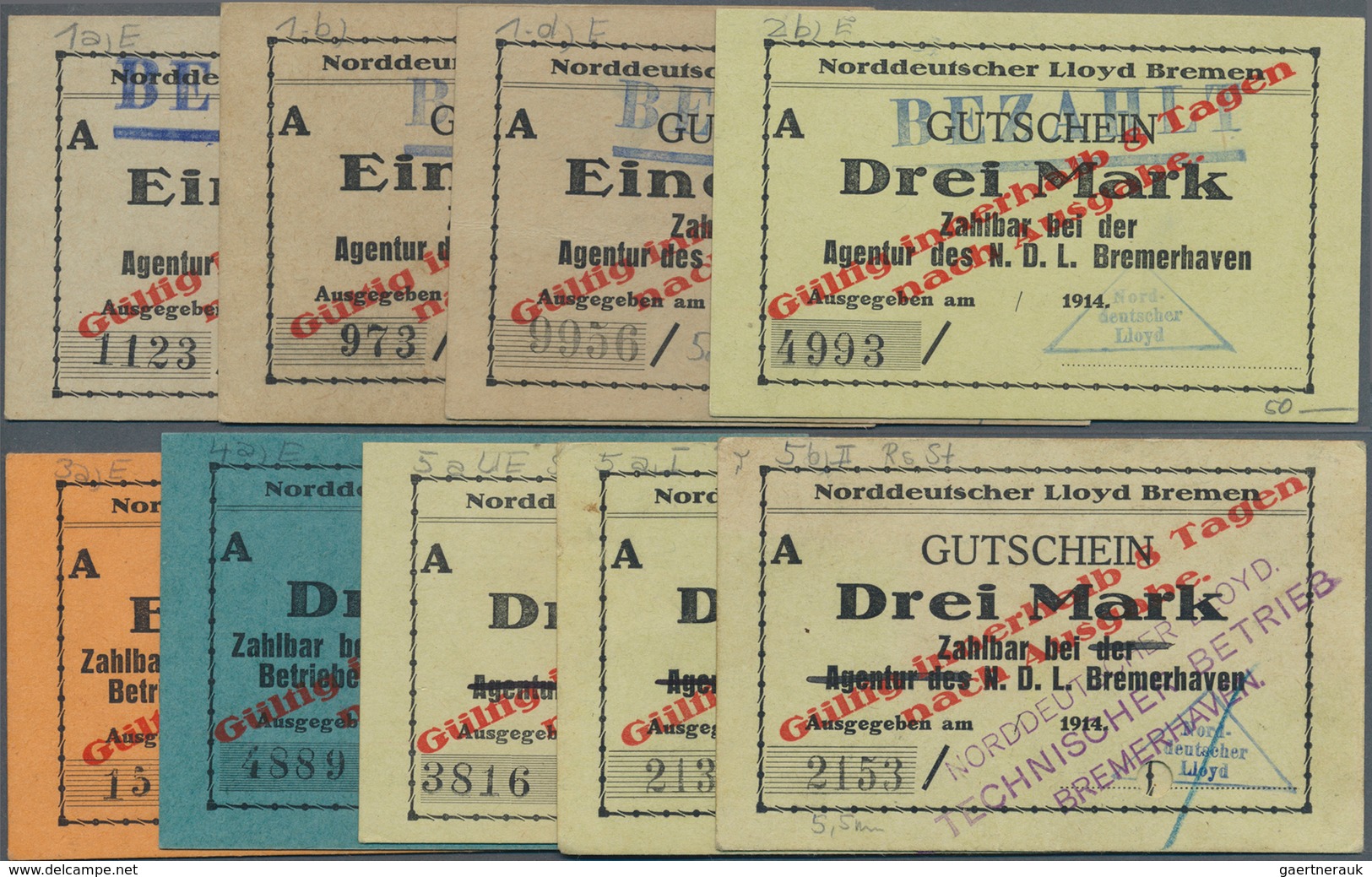 Deutschland - Notgeld - Bremen: Bremerhaven, Norddeutscher Lloyd, 1 Mark (3 Varianten), 3 Mark, "Zah - Lokale Ausgaben