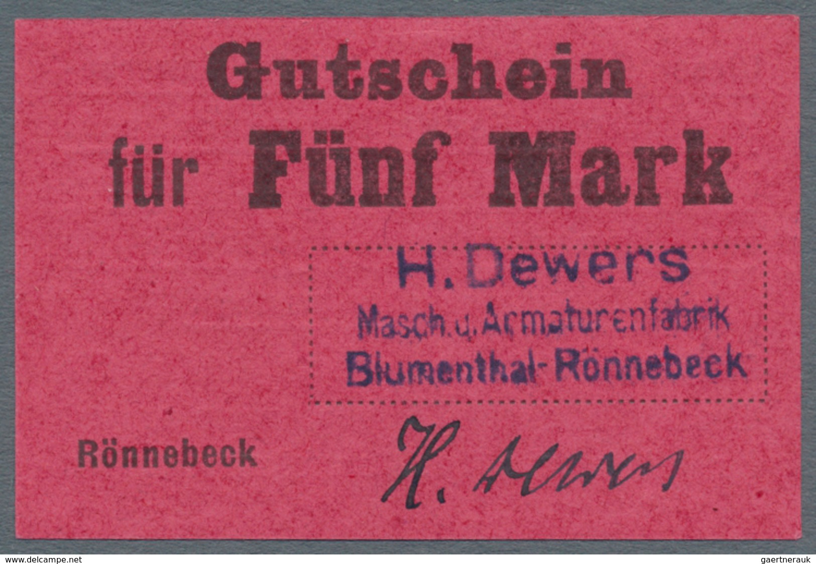 Deutschland - Notgeld - Bremen: Rönnebeck, H. Dewers, Masch. u. Armaturenfabrik, 1, 2, 3, 5 Mark (je