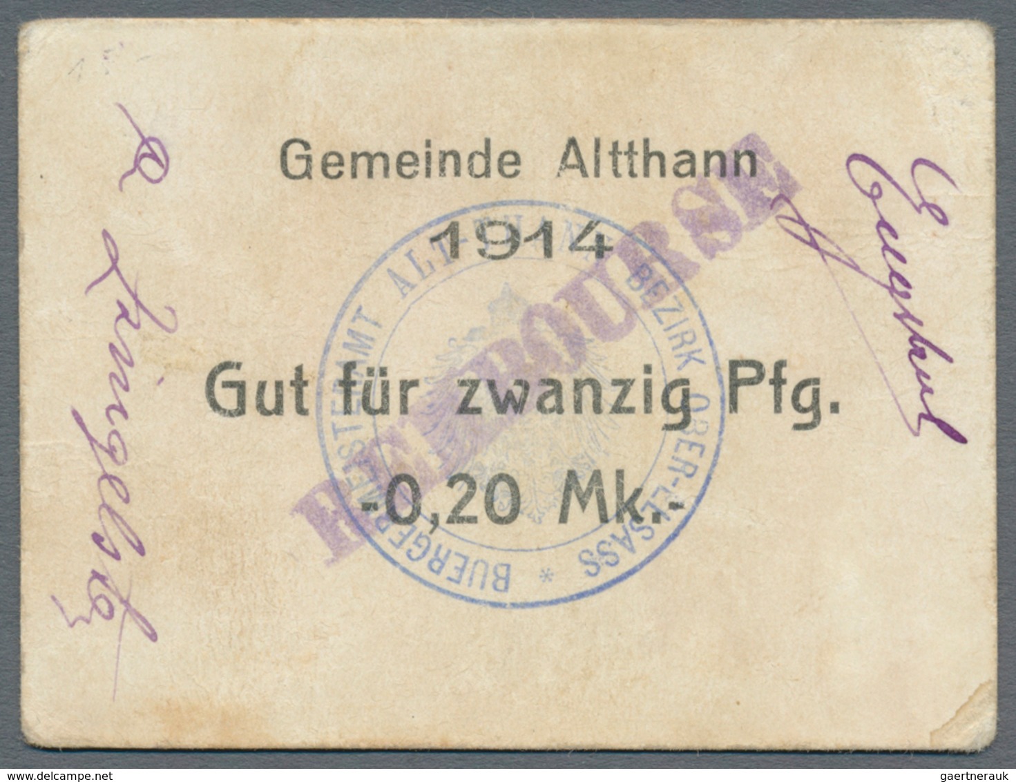 Deutschland - Notgeld - Elsass-Lothringen: Altthann, Oberelsass, Gemeinde, 20, 50 Pf., 1 Mark, 1914, - Andere & Zonder Classificatie