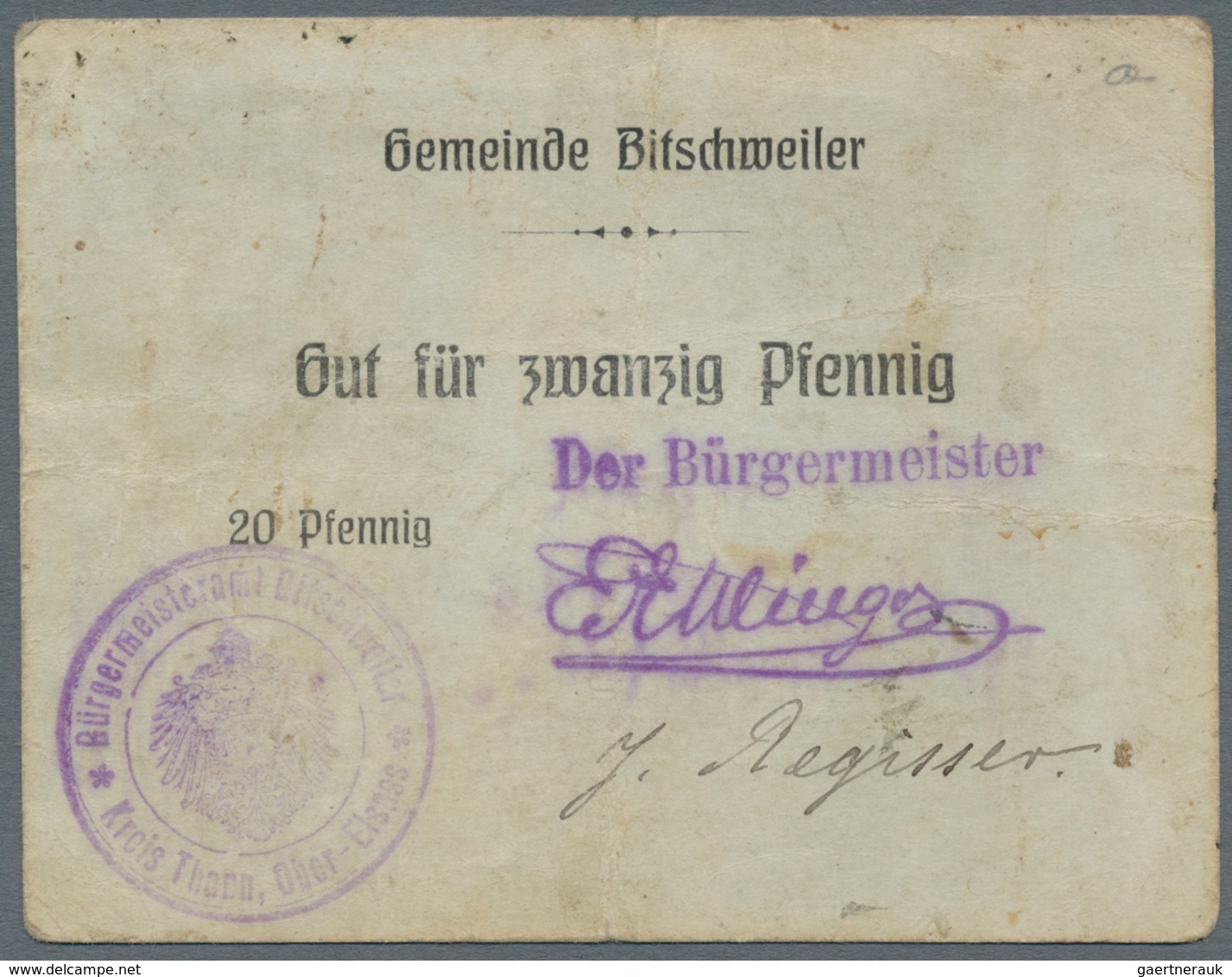 Deutschland - Notgeld - Elsass-Lothringen: Bitschweiler, Oberelsass, Gemeinde, 20 Pf., 1, 2 Mark, O. - Sonstige & Ohne Zuordnung