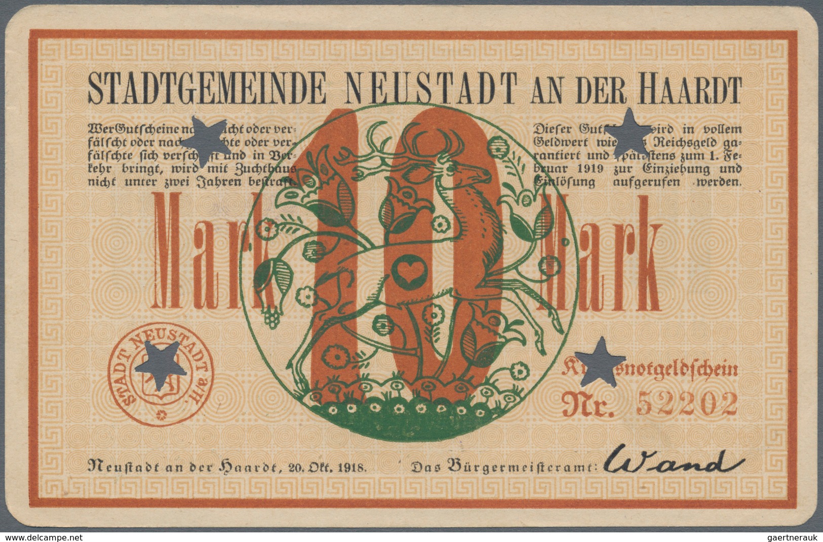Deutschland - Notgeld - Pfalz: Neustadt An Der Haardt, Stadt, 5, 10 Mark, 20.10.1918, Entwertet Mitt - Lokale Ausgaben
