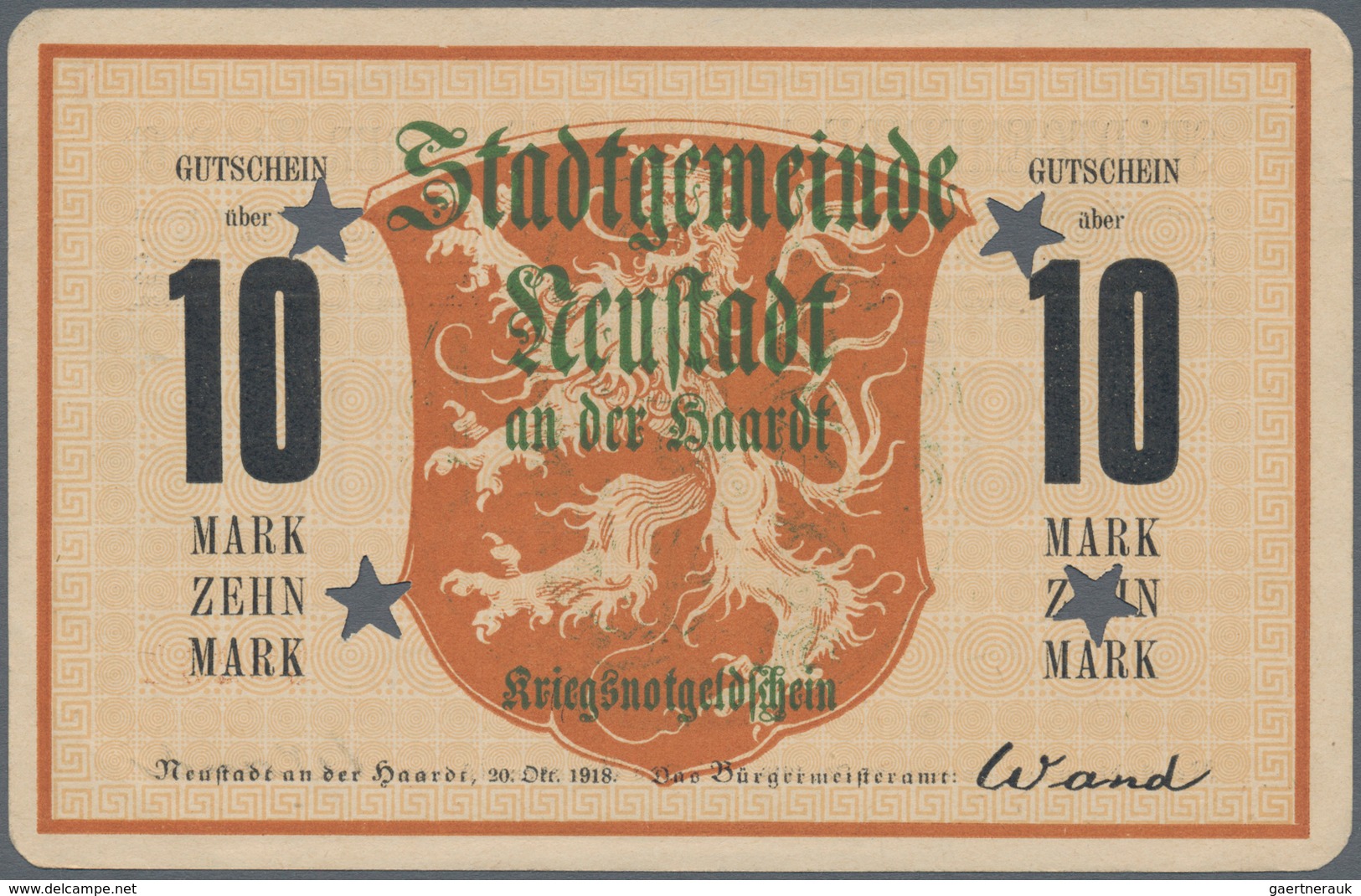 Deutschland - Notgeld - Pfalz: Neustadt An Der Haardt, Stadt, 5, 10 Mark, 20.10.1918, Entwertet Mitt - [11] Lokale Uitgaven
