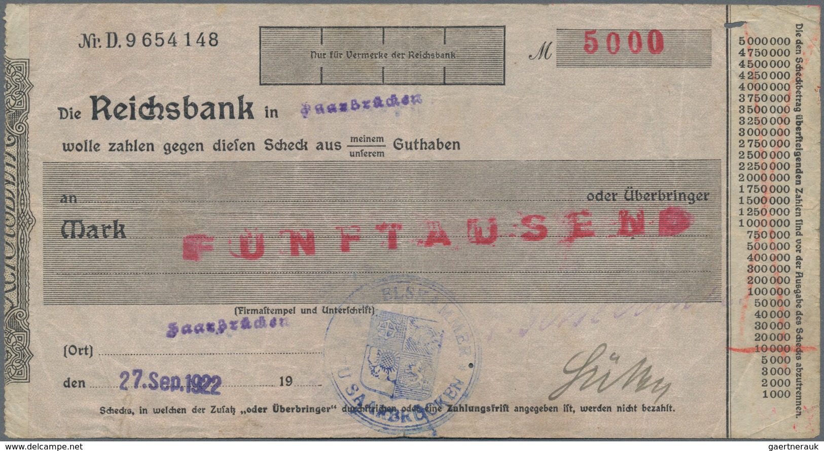 Deutschland - Notgeld - Saarland: Saarbrücken, Reichsbank, 5000 Mark, Eigenscheck, 27.9.1922, Ort, D - [ 8] Saarland