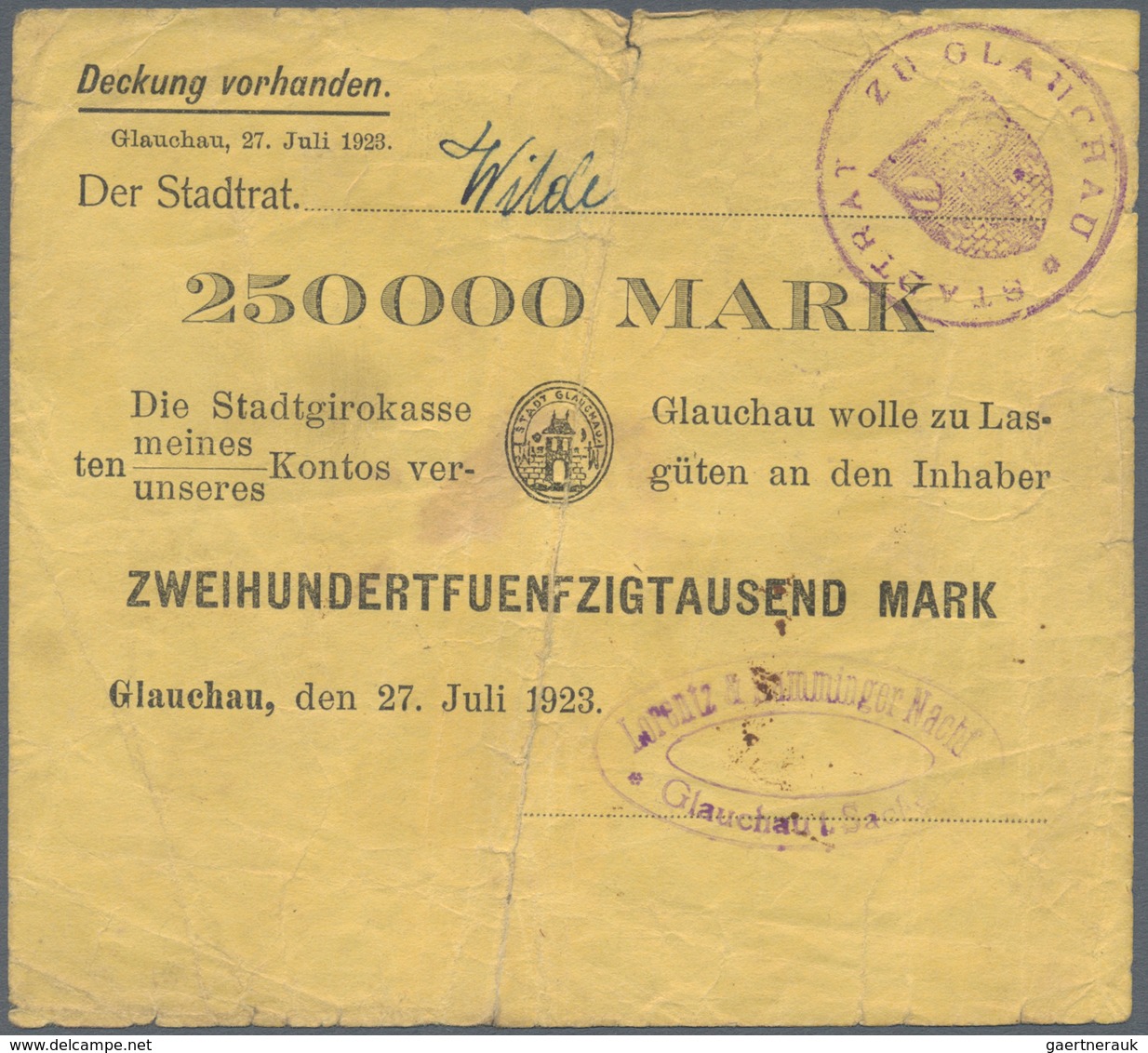 Deutschland - Notgeld - Sachsen: Glauchau, Stadtgirokasse, Kundenschecks, 250 Tsd. Mark, 27.7.1923, - Lokale Ausgaben