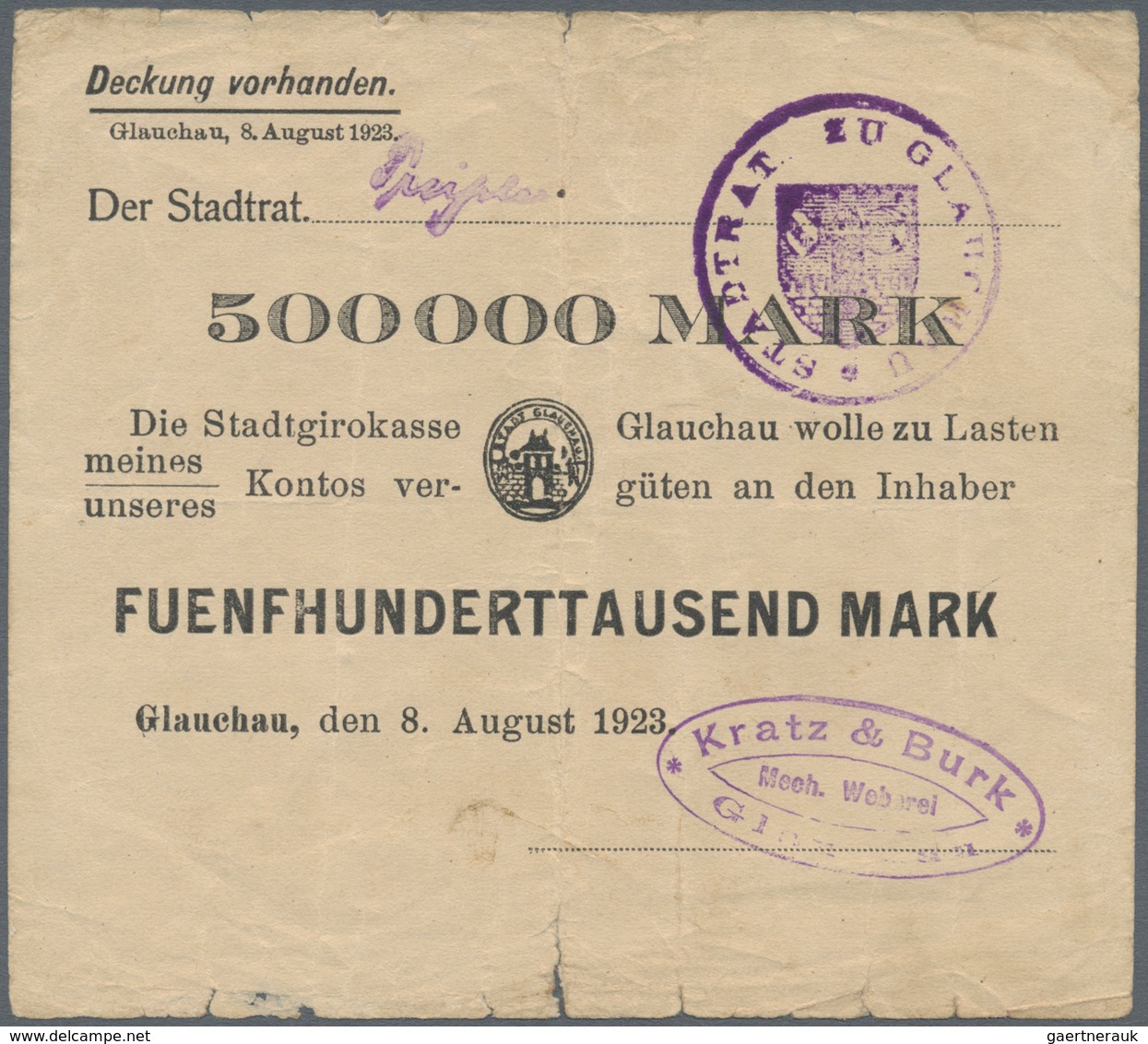 Deutschland - Notgeld - Sachsen: Glauchau, Stadtgirokasse, Kundenschecks, 250 Tsd. Mark, 27.7.1923, - Lokale Ausgaben