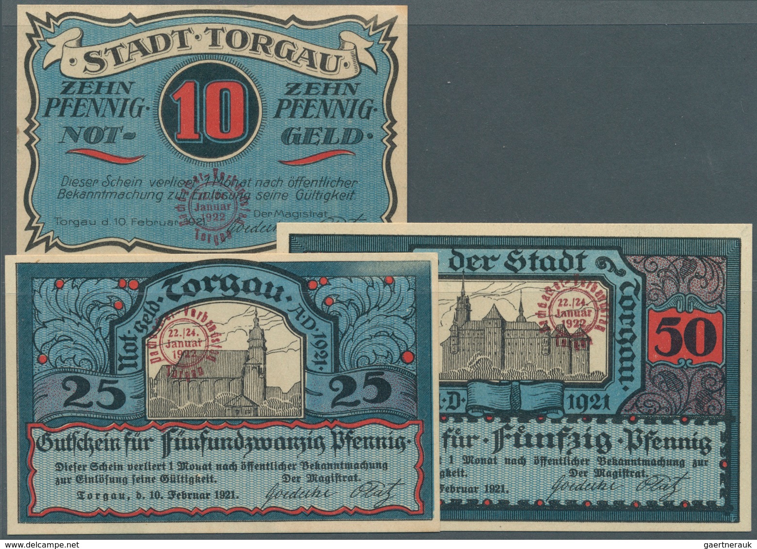 Deutschland - Notgeld - Sachsen: Torgau, Stadt, Dachdecker-Verbandstag 22./24.1.1922, 10, 25, 50 Pf. - Lokale Ausgaben