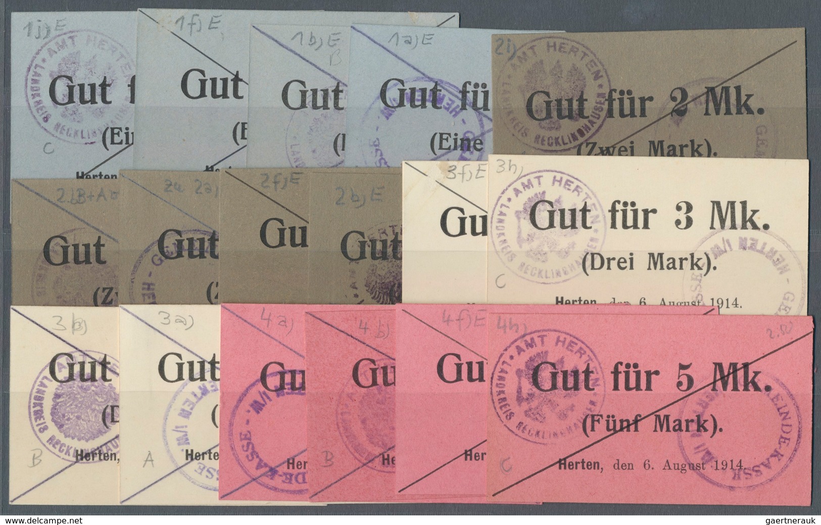 Deutschland - Notgeld - Westfalen: Herten, Amt, 1 (4), 2 (5), 3 (4), 5 (4) Mark, 6.8.1914, Kartons M - Andere & Zonder Classificatie