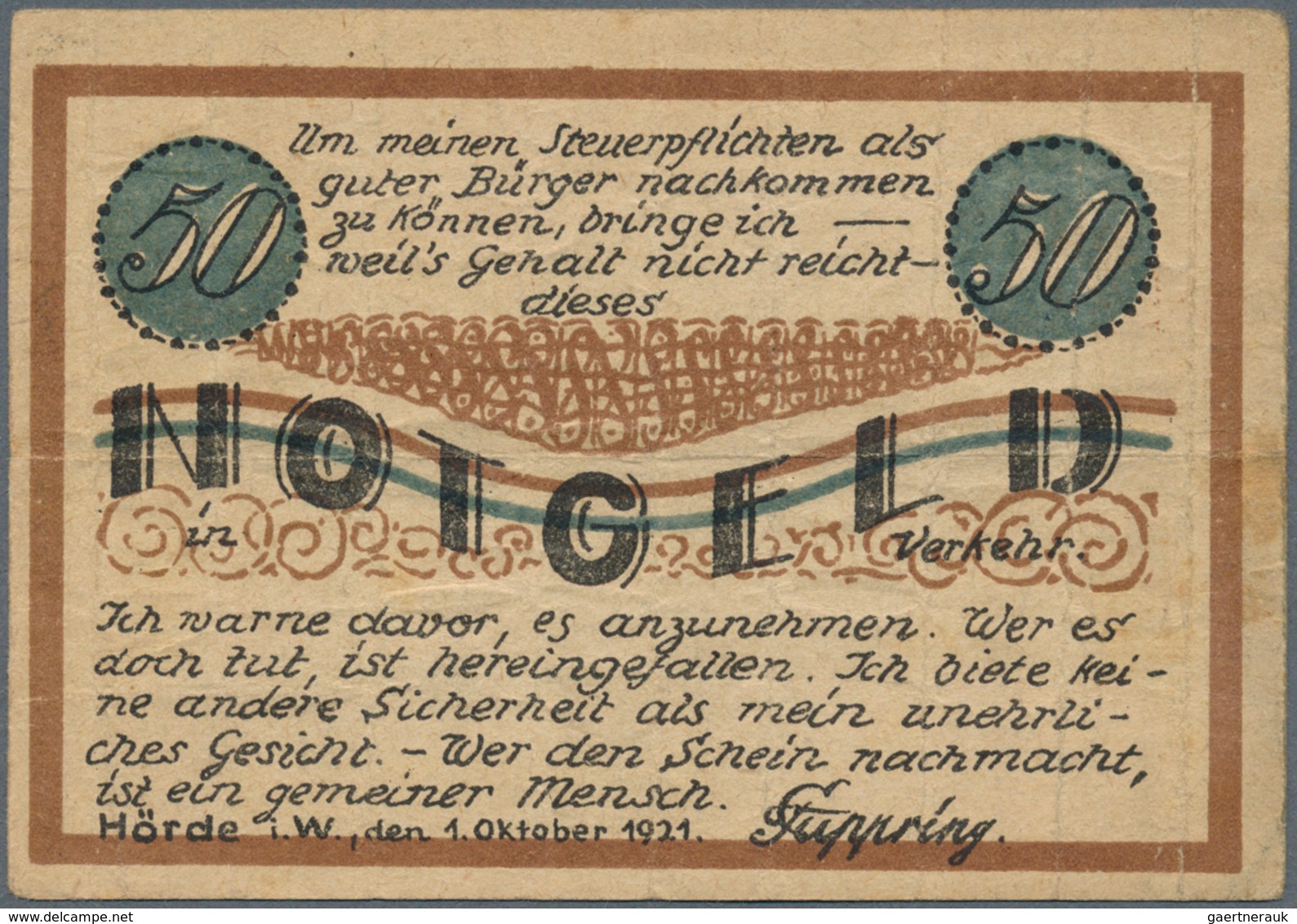 Deutschland - Notgeld - Westfalen: Hörde, F. Cuppring, 50 Pf., 1.10.1921, Scherzschein, Erh. III, Se - Sonstige & Ohne Zuordnung