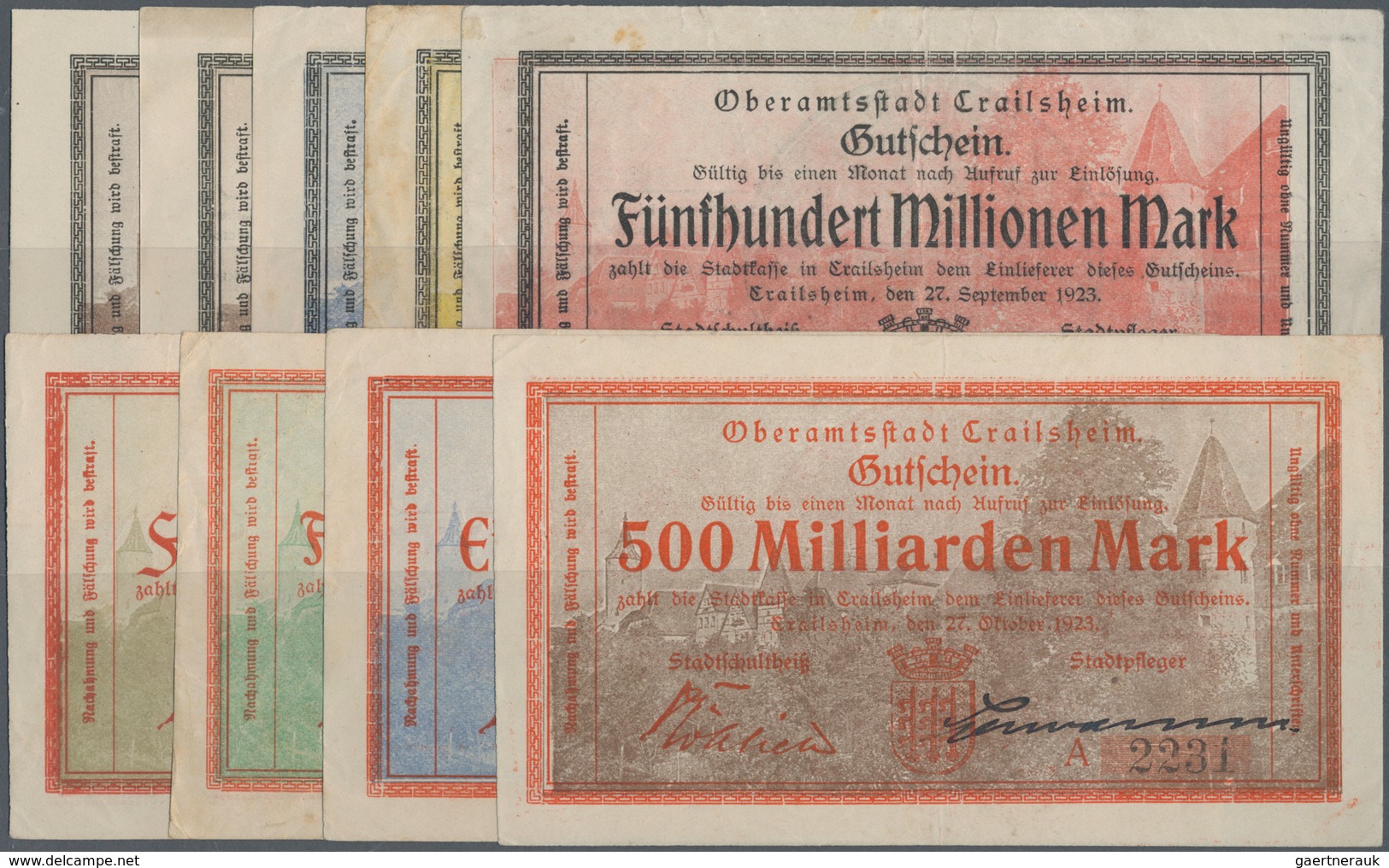 Deutschland - Notgeld - Württemberg: Crailsheim, Oberamtsstadt, 20 (2, Mit Und Ohne KN), 50, 100, 50 - [11] Emisiones Locales