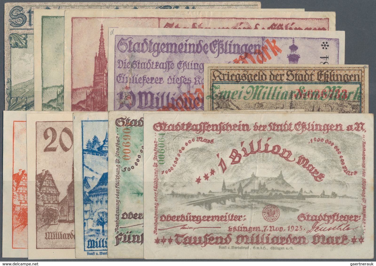 Deutschland - Notgeld - Württemberg: Esslingen, Stadt, 10 Mark, 1.11.1918; 500 Tsd., 1 Mio. Mark, 27 - Lokale Ausgaben