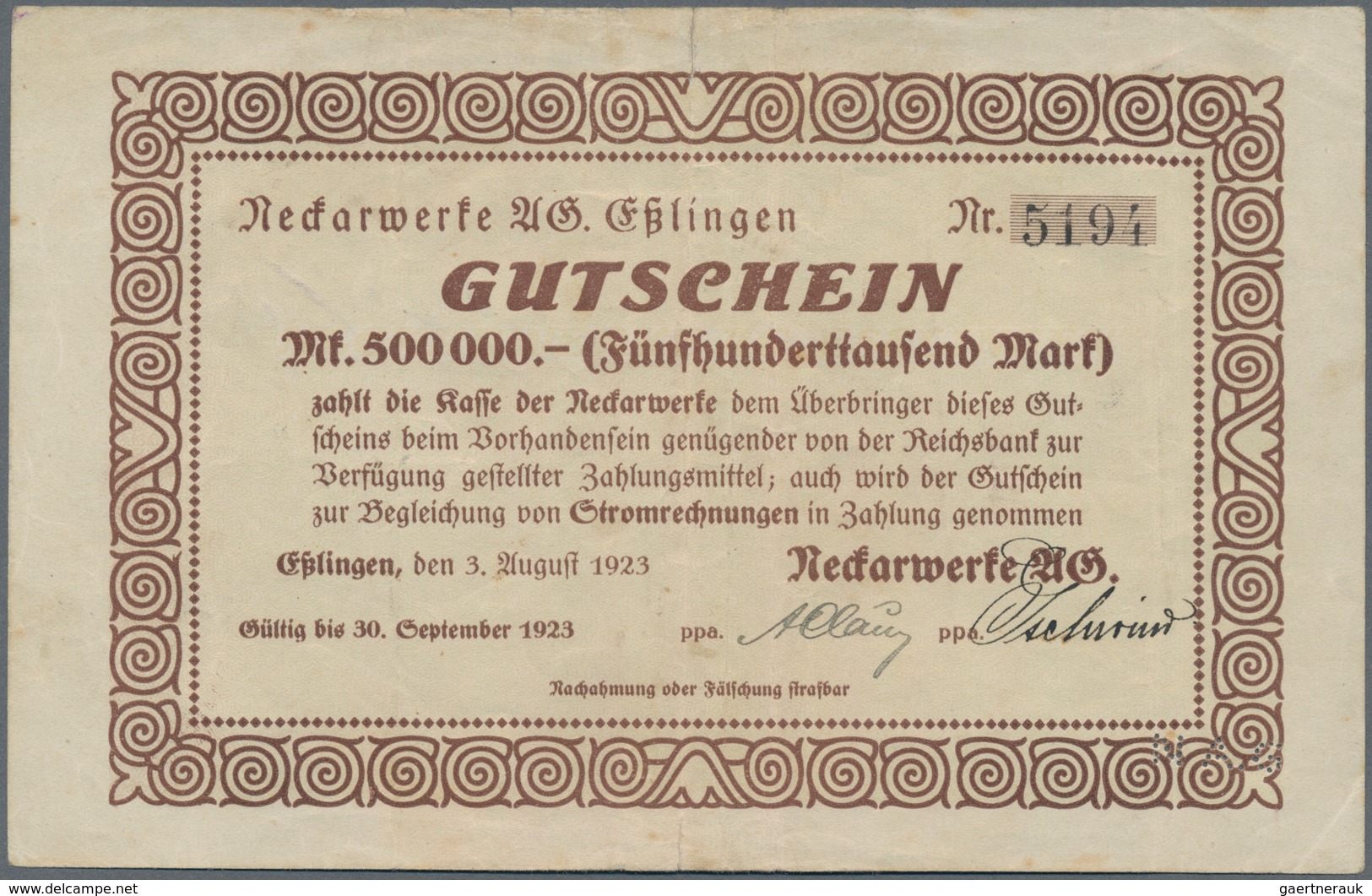 Deutschland - Notgeld - Württemberg: Esslingen, Neckarwerke, 200, 500 Tsd. Mark, 3.8.1923, Erh. IV, - [11] Lokale Uitgaven