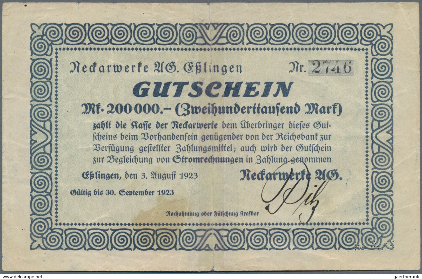 Deutschland - Notgeld - Württemberg: Esslingen, Neckarwerke, 200, 500 Tsd. Mark, 3.8.1923, Erh. IV, - [11] Lokale Uitgaven