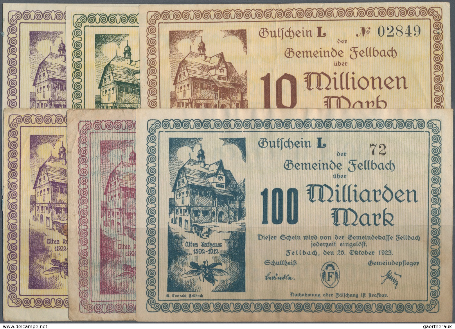 Deutschland - Notgeld - Württemberg: Fellbach, Gemeinde, 1, 5, 10 Mio., 1, 50, 100 Mrd. Mark, 1923, - Lokale Ausgaben