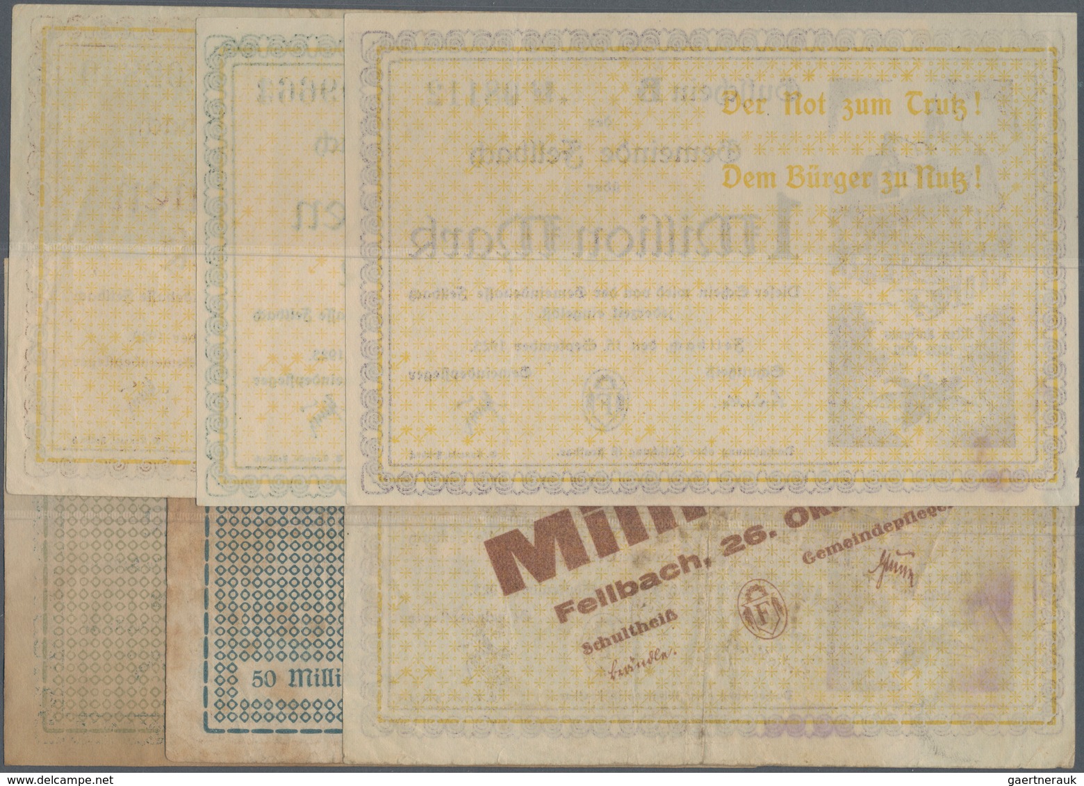 Deutschland - Notgeld - Württemberg: Fellbach, Gemeinde, 1, 5, 10 Mio., 1, 50, 100 Mrd. Mark, 1923, - Lokale Ausgaben